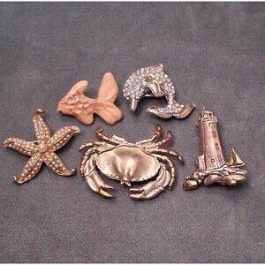 Vintage Beach Brooches (5) Rhinestone Dolphin Crab Lighthouse